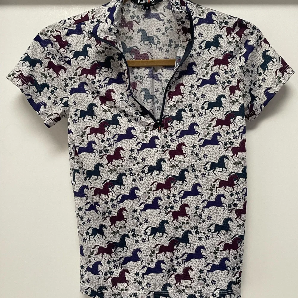 Kerrits Short Sleeve Horse-Print Polo — White with Navy & Burgundy - Picture 1 of 3